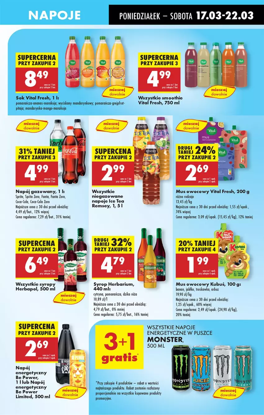 Gazetka promocyjna Biedronka - Od Poniedziałku - ważna 17.03 do 22.03.2025 - strona 57 - produkty: Ananas, Arbuz, Coca-Cola, Dzika róża, Fa, Fanta, Grejpfrut, Herbapol, Leon, Mango, Mus, Napój, Napój energetyczny, Napój gazowany, Napoje, Por, Róża, Smoothie, Sok, Sprite, Syrop, Syropy