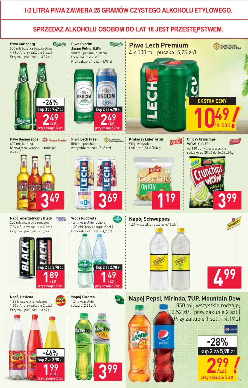 Gazetka promocyjna Stokrotka - Supermarket - ważna 18.02 do 24.02.2021 - strona 13 - produkty: 7up, Artur, Carlsberg, Chipsy, Crunchips, Desperados, Gra, Hellena, Koc, Krakersy, Lack, Lech Premium, Mirinda, Napój, Napój energetyczny, Okocim, Pepsi, Piwa, Piwo, Schweppes, Woda