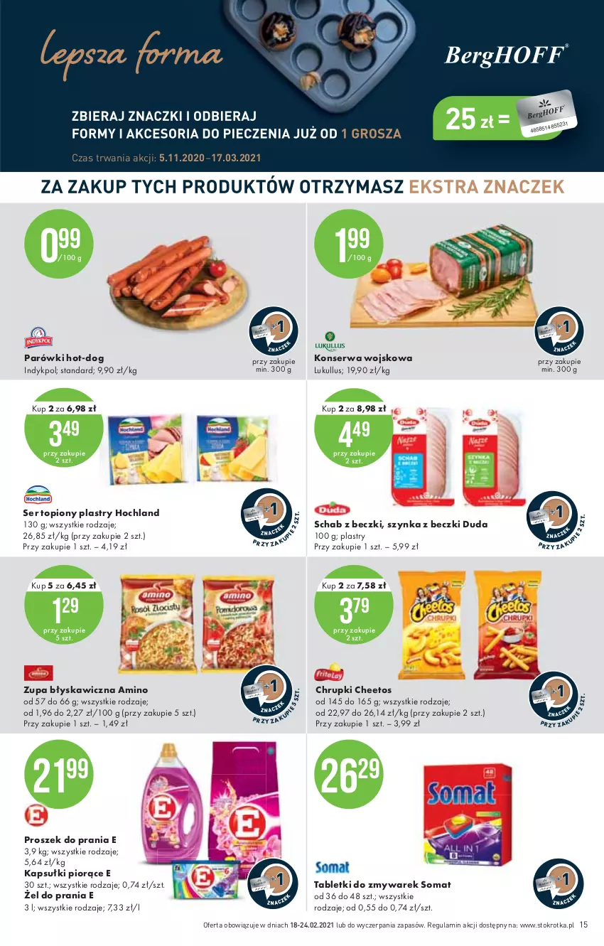 Gazetka promocyjna Stokrotka - Supermarket - ważna 18.02 do 24.02.2021 - strona 15 - produkty: Cheetos, Chrupki, Duda, Hochland, Parówki, Proszek do prania, Ser, Ser topiony, Somat, Szynka, Szynka z beczki, Tablet, Top, Zupa