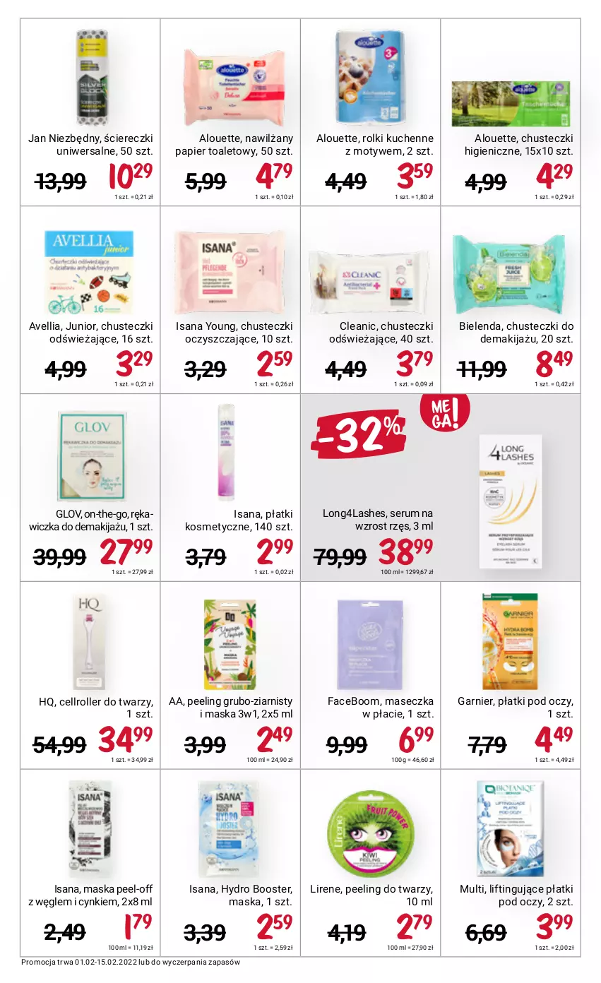 Gazetka promocyjna Rossmann - ważna 01.02 do 15.02.2022 - strona 5 - produkty: Alouette, Bielenda, Booster, Chusteczki, Cleanic, Cynk, Fa, Garnier, Isana, Jan Niezbędny, Lirene, Makijaż, Maska, Nawilżany papier, Papier, Papier toaletowy, Peeling, Płatki kosmetyczne, Rolki, Rolki kuchenne, Roller, Rum, Ser, Serum