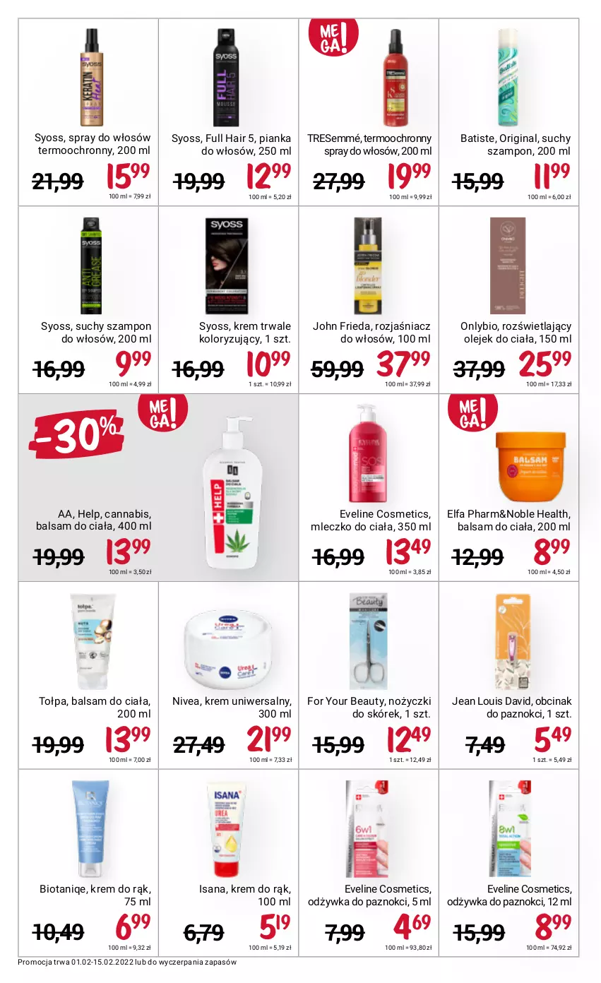 Gazetka promocyjna Rossmann - ważna 01.02 do 15.02.2022 - strona 8 - produkty: Balsam do ciała, Batiste, Eveline, Fa, For Your Beauty, Gin, Isana, John frieda, Krem do rąk, Krem uniwersalny, Mleczko, Mleczko do ciała, Nivea, Noż, Nożyczki, Odżywka, Olej, Olejek do ciała, Pianka do włosów, Suchy szampon, Syoss, Szampon, Tołpa