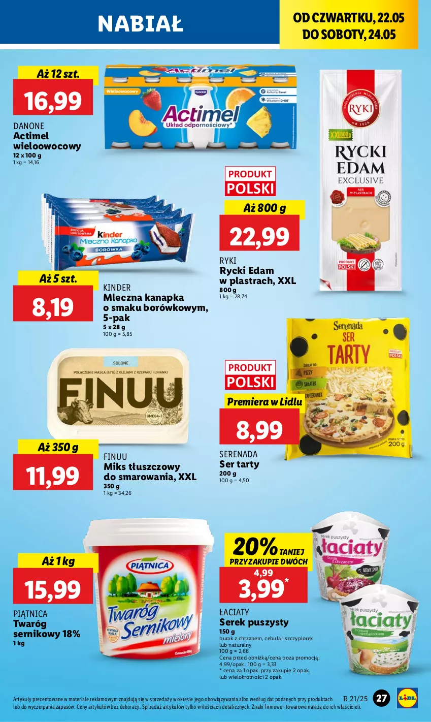Gazetka promocyjna Lidl - GAZETKA - ważna 22.05 do 24.05.2025 - strona 35 - produkty: Actimel, Cebula, Chrzan, Danone, Edam, Finuu, Kinder, Miks tłuszczowy, Mleczna kanapka, Piątnica, Rycki Edam, Ser, Serek, Serek puszysty, Twaróg