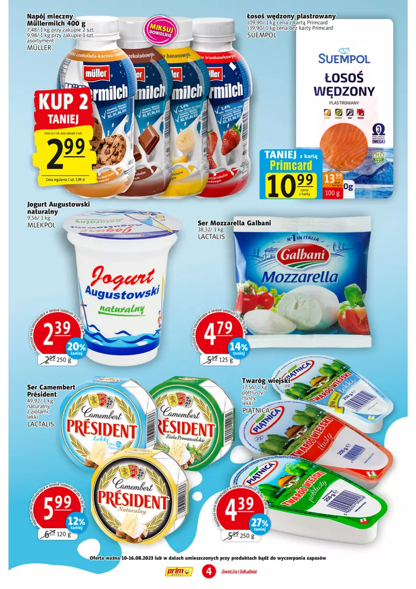 Gazetka promocyjna Prim Market - ważna 10.08 do 16.08.2023 - strona 4 - produkty: Camembert, Galbani, Jogurt, K2, Mozzarella, Napój, Napój mleczny, NBA, Ser, Suempol, Twaróg