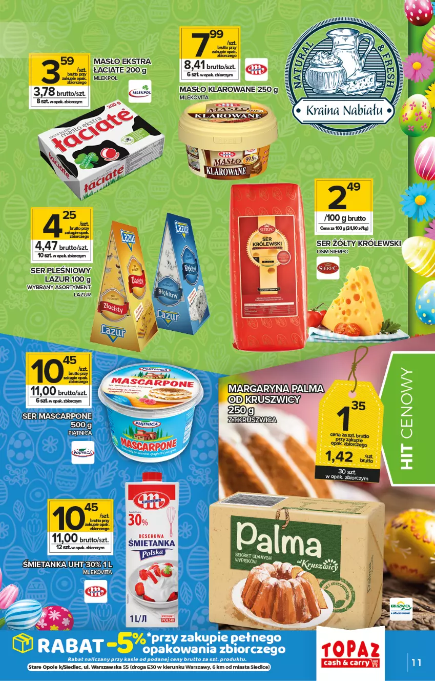 Gazetka promocyjna Topaz - Gazetka - ważna 25.03 do 31.03.2021 - strona 11 - produkty: Brit, Królewski, Lazur, Margaryna, Mascarpone, Masło, Masło klarowane, Mleko, Mlekovita, Piątnica, Ser