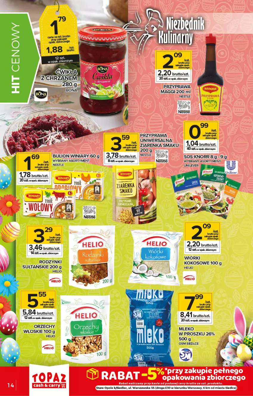 Gazetka promocyjna Topaz - Gazetka - ważna 25.03 do 31.03.2021 - strona 14 - produkty: Bulion, Helio, Knorr, Kokos, Lion, Maggi, Mleko, Rodzynki, Sos, Winiary