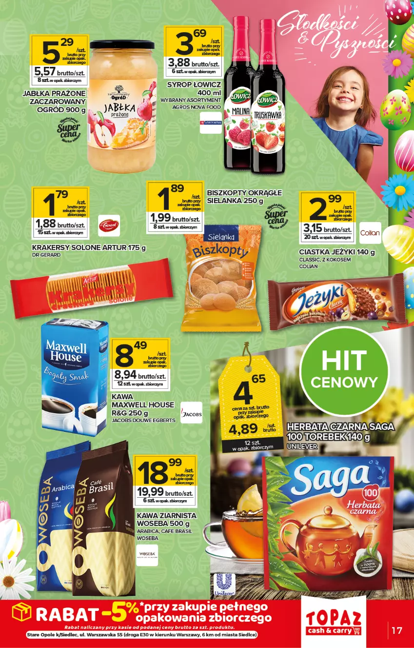 Gazetka promocyjna Topaz - Gazetka - ważna 25.03 do 31.03.2021 - strona 17 - produkty: BIC, Biszkopty, Ciastka, Herbata, Jabłka, Jabłka prażone, Jacobs, Jeżyki, Kawa, Kawa ziarnista, Kokos, Ogród, Saga, Syrop, Top, Warka, Woseba