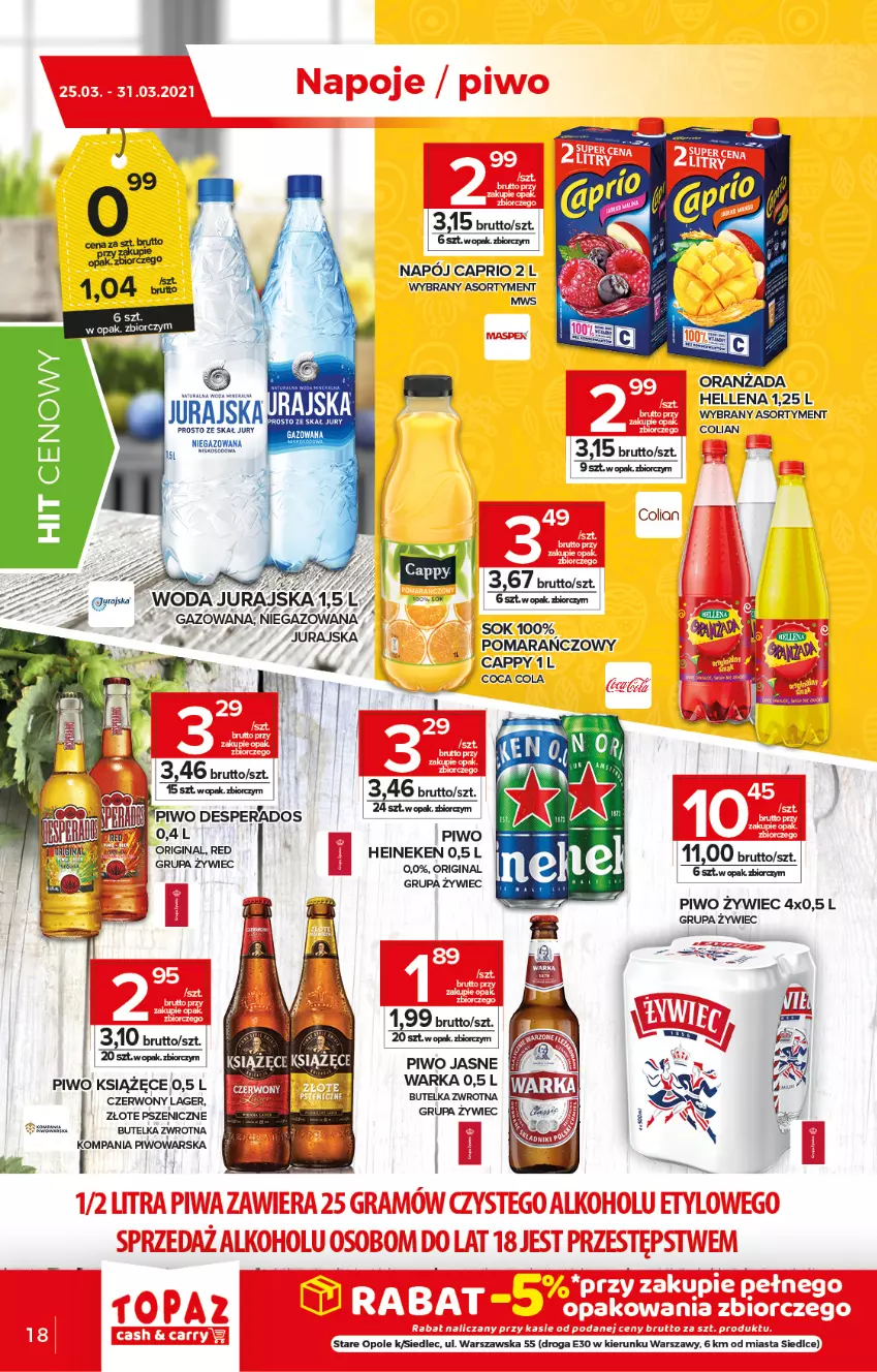 Gazetka promocyjna Topaz - Gazetka - ważna 25.03 do 31.03.2021 - strona 18 - produkty: Cappy, Desperados, Gin, Heineken, Książęce, Napój, Oranżada, Piwo, Piwo jasne, Sok, Warka