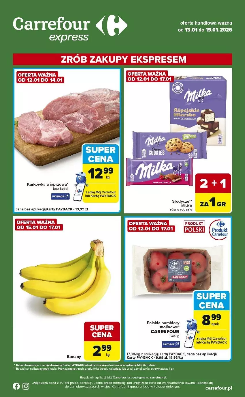 Gazetka promocyjna Carrefour - Gazetka Express - ważna 13.01 do 19.01.2026 - strona 1 - produkty: Fa, Karkówka wieprzowa, Laur, Milka, Pomidory