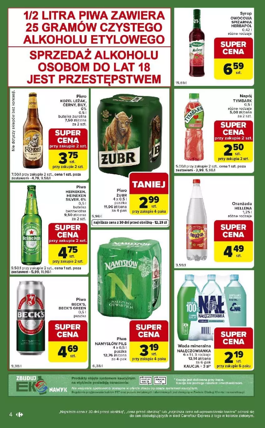 Gazetka promocyjna Carrefour - Gazetka Express - ważna 13.01 do 19.01.2026 - strona 4 - produkty: Fa, Heineken, Kozel, Nałęczowianka, Oranżada, Piwa, Piwo, Syrop, Tymbark, Woda, Woda mineralna