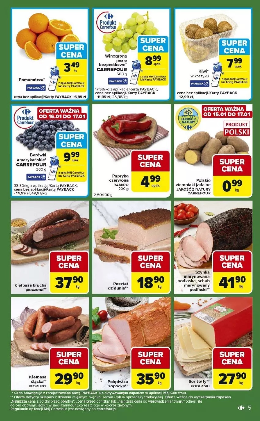 Gazetka promocyjna Carrefour - Gazetka Express - ważna 13.01 do 19.01.2026 - strona 5 - produkty: Kiełbasa, Kiełbasa krucha, Kiełbasa śląska, Kiwi, Kosz, Morliny, Papryka, Papryka czerwona, Pasztet, Piec, Podlaski, Polędwica, Ser, Wino, Winogrona, Ziemniaki