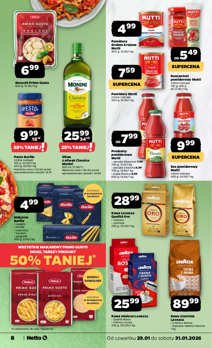 Gazetka promocyjna Netto - Od Czwartku - ważna 29.01 do 31.01.2026 - strona 8 - produkty: Barilla, Bazyl, Fa, Gnocchi, Kawa, Kawa mielona, Kawa ziarnista, Koncentrat pomidorowy, Lasagne, Lavazza, Makaron, Monini, Oliwa, Oliwa z oliwek, Pesto, Pomidory, Rust, Sos, Sos pomidorowy, Spaghetti