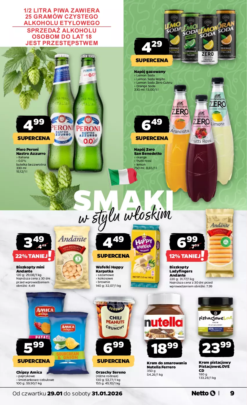 Gazetka promocyjna Netto - Od Czwartku - ważna 29.01 do 31.01.2026 - strona 9 - produkty: Amica, Biszkopty, Brownie, Chipsy, Ferrero, Gra, Karp, Kokos, Krem pistacjowy, Napój, Napój gazowany, Nutella, Piwa, Piwo, Ser, Sezam