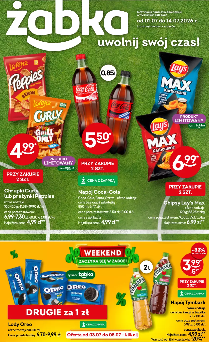 Gazetka promocyjna Żabka - gazetka-promocyjna-27-28-2026 - ważna 01.07 do 14.07.2026 - strona 1 - produkty: Chipsy, Chrupki, Coca-Cola, Fa, Fanta, Lay’s, Lody, Napój, Oreo, Sprite, Tymbark