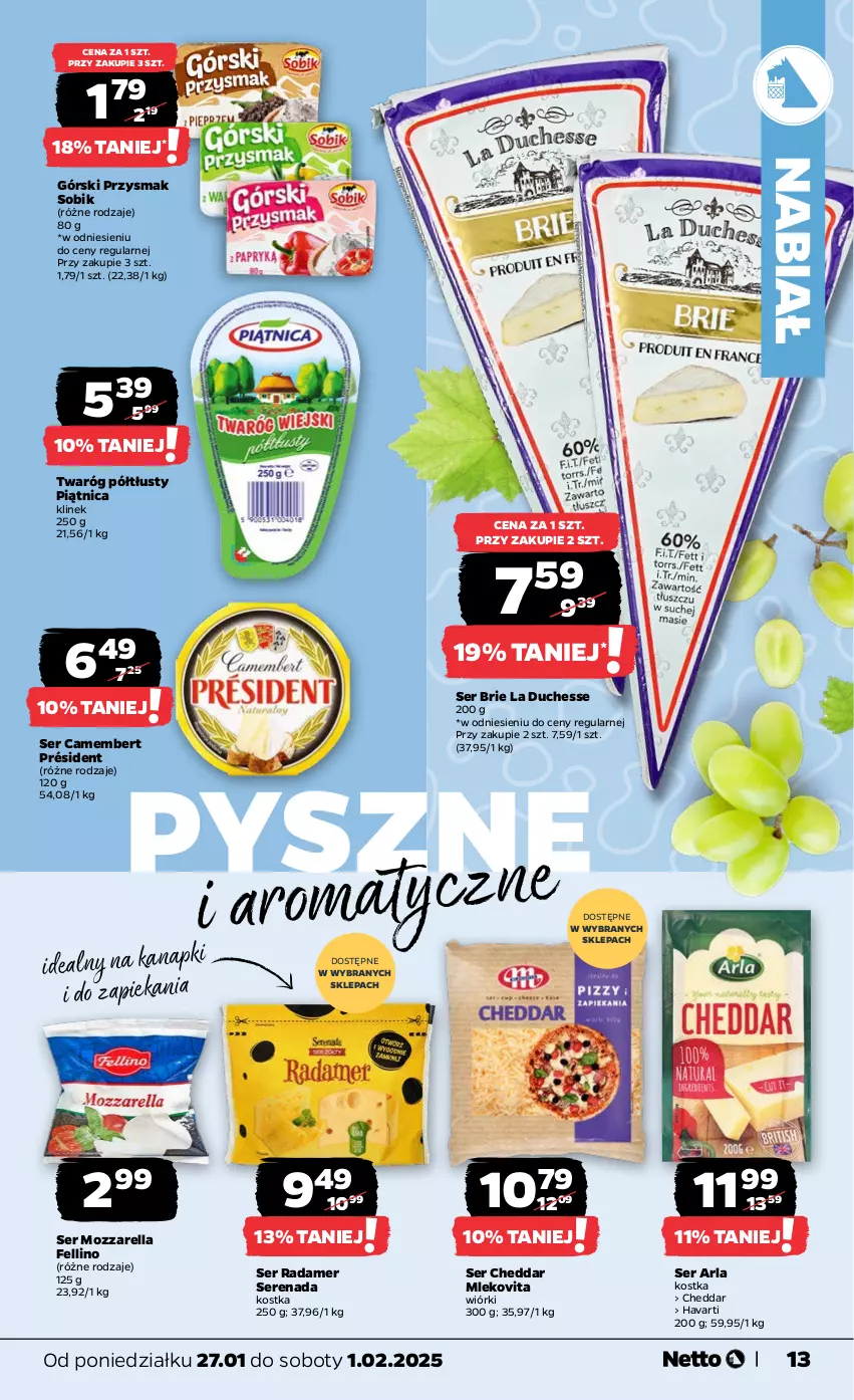 Gazetka promocyjna Netto - Od Poniedziałku - ważna 27.01 do 01.02.2025 - strona 13 - produkty: Brie, Camembert, Cheddar, Havarti, Mleko, Mlekovita, Mozzarella, Piątnica, Président, Radamer, Ser, Twaróg, Twaróg półtłusty