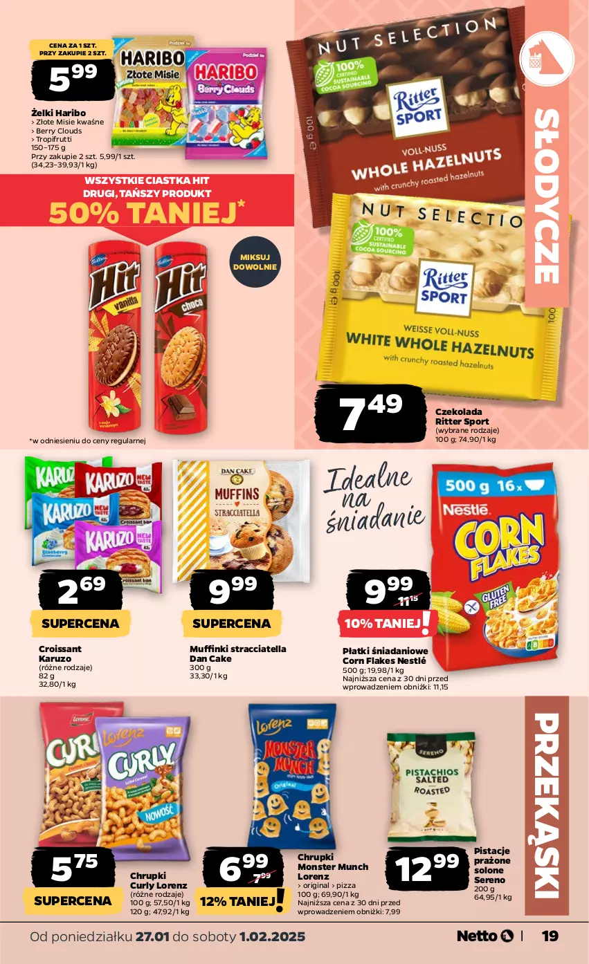 Gazetka promocyjna Netto - Od Poniedziałku - ważna 27.01 do 01.02.2025 - strona 19 - produkty: Chrupki, Ciastka, Corn flakes, Croissant, Czekolada, Dan Cake, Danio, Gin, Haribo, Lorenz, Monster Munch, Muffinki, Nestlé, Pistacje, Pizza, Por, Ritter Sport, Ser, Sport