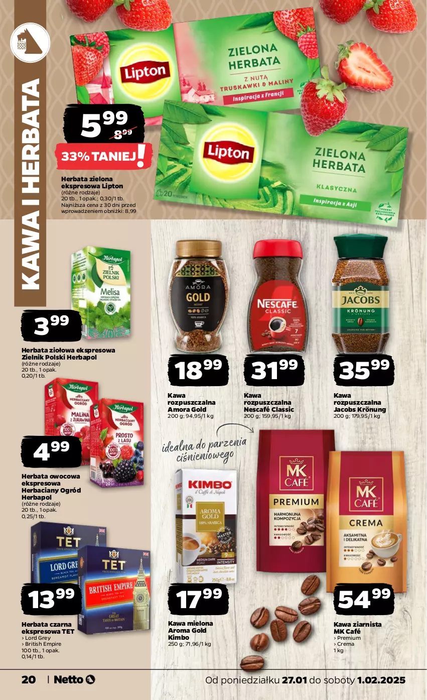 Gazetka promocyjna Netto - Od Poniedziałku - ważna 27.01 do 01.02.2025 - strona 20 - produkty: Brit, Herbapol, Herbata, Herbata czarna, Herbata owocowa, Jacobs, Jacobs Krönung, Kawa, Kawa mielona, Kawa rozpuszczalna, Kawa ziarnista, Lipton, Nescafé, Ogród