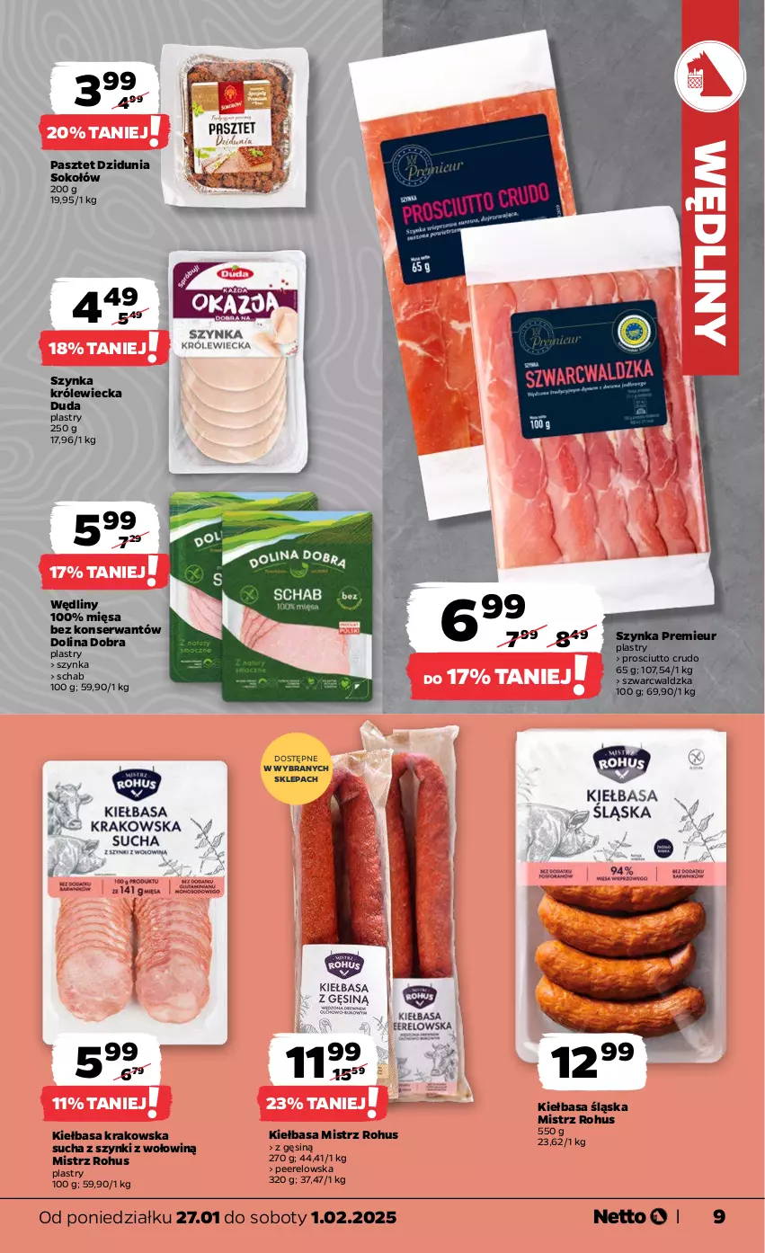 Gazetka promocyjna Netto - Od Poniedziałku - ważna 27.01 do 01.02.2025 - strona 9 - produkty: Duda, Kiełbasa, Kiełbasa krakowska, Kiełbasa śląska, Pasztet, Prosciutto, Ser, Sok, Sokołów, Szynka