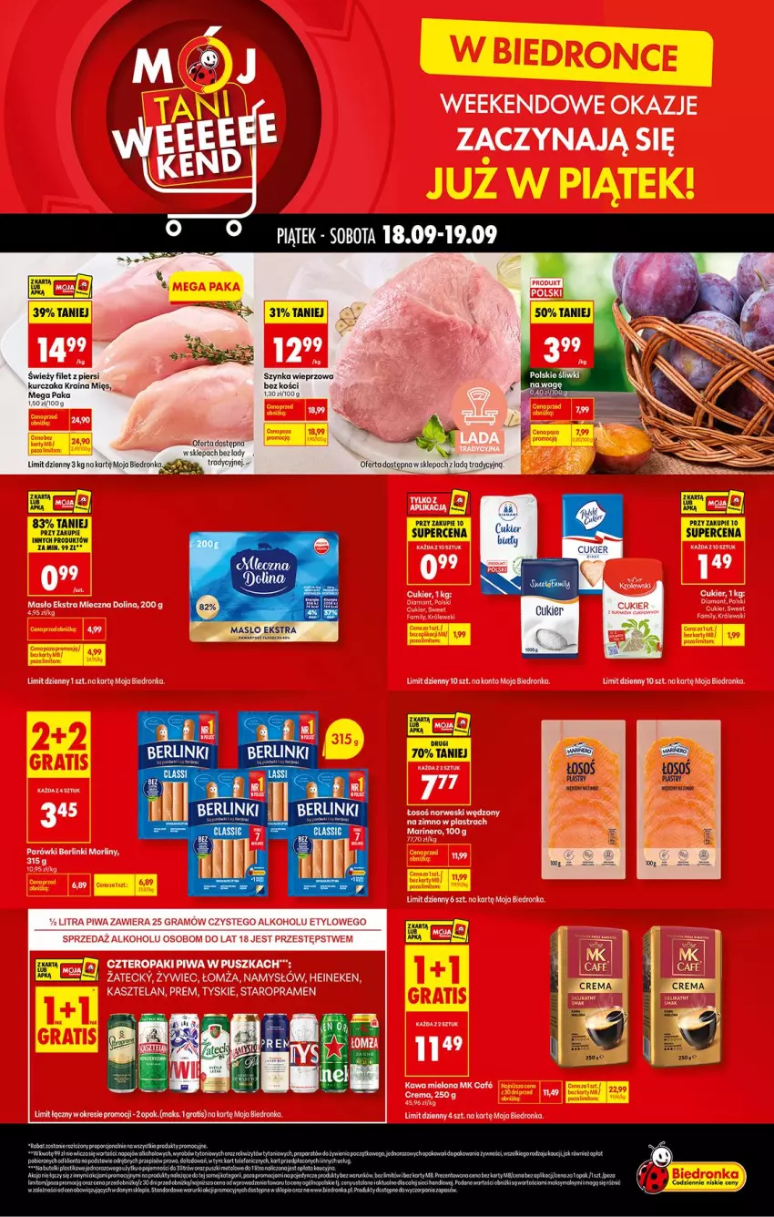 Gazetka promocyjna Biedronka - Tani Weekend - ważna 18.09 do 19.09.2026 - strona 1 - produkty: Berlinki, Cukier, Fa, Filet z piersi kurczaka, Kurczak, Masło, Miecz, Por, Szynka, Szynka wieprzowa