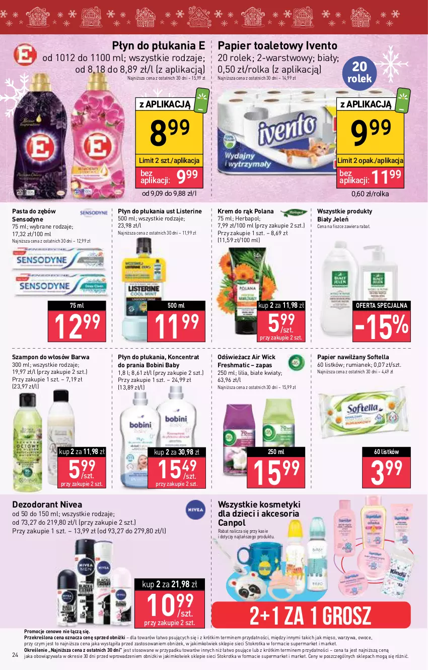 Gazetka promocyjna Stokrotka - Supermarket - ważna 20.12 do 27.12.2023 - strona 24 - produkty: Air Wick, Biały Jeleń, Canpol, Dezodorant, Dzieci, Herbapol, Kosmetyki dla dzieci, Krem do rąk, LANA, Listerine, Mięso, Nivea, Owoce, Papier, Papier toaletowy, Pasta do zębów, Płyn do płukania, Rum, Sensodyne, Szampon, Warzywa