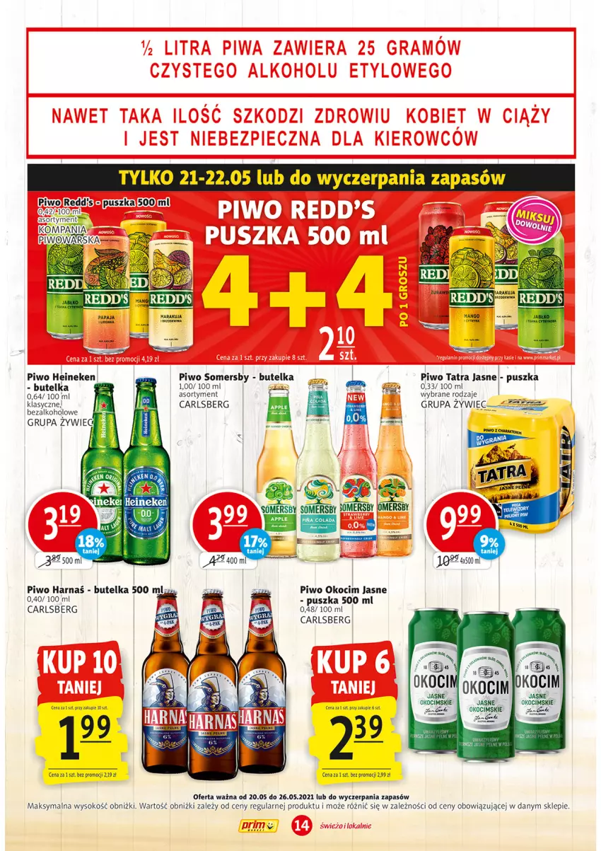 Gazetka promocyjna Prim Market - Gazetka - ważna 20.05 do 26.05.2021 - strona 14 - produkty: Carlsberg, Harnaś, Heineken, Koc, Okocim, Piwo, Sok, Somersby, Tatra