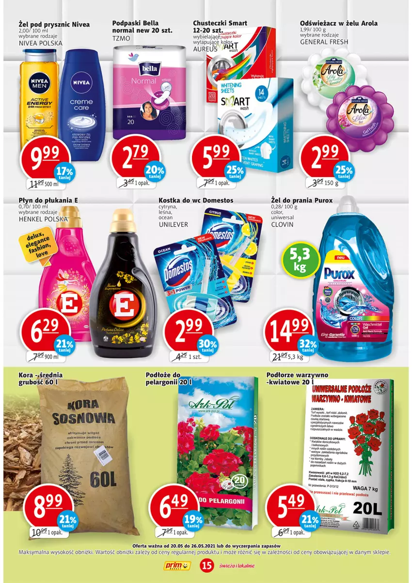 Gazetka promocyjna Prim Market - Gazetka - ważna 20.05 do 26.05.2021 - strona 15 - produkty: Bell, Bella, Chusteczki, Domestos, Kostka do wc, LG, Lovi, Nivea, O nas, Ogród, Płyn do płukania, Podpaski, Pojemnik, Pur, Sok, Waga