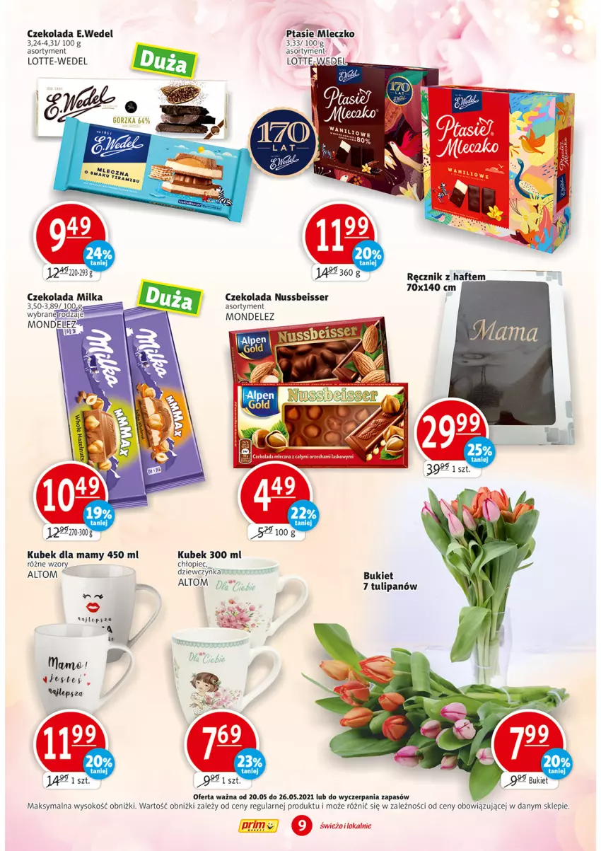 Gazetka promocyjna Prim Market - Gazetka - ważna 20.05 do 26.05.2021 - strona 9 - produkty: Bukiet, Czekolada, Kubek, Milka, Mleczko, Ptasie mleczko, Ręcznik, Ser, Sok, Tulipan