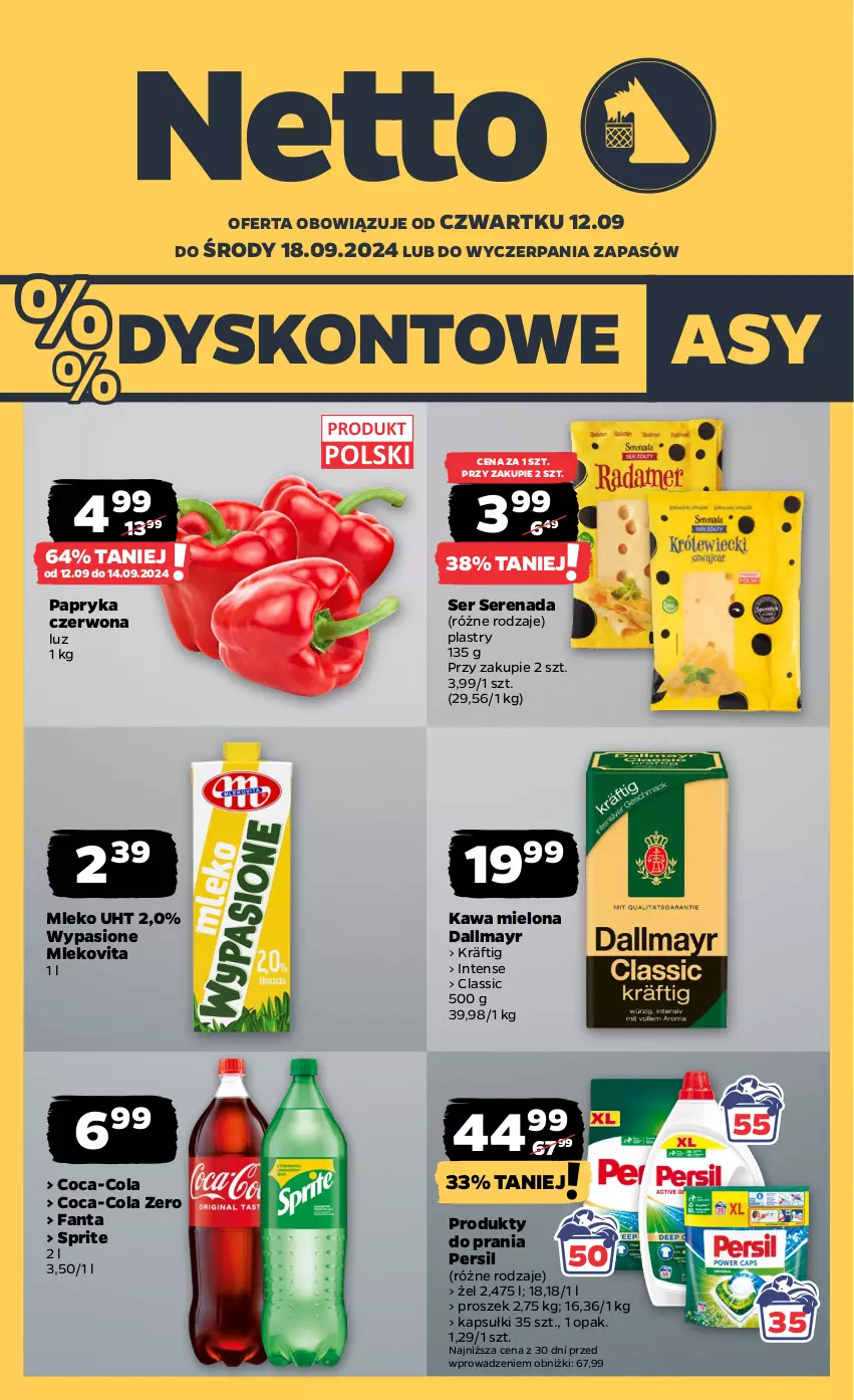 Gazetka promocyjna Netto - Netto Gazetka Food 37/24B - ważna 12.09 do 18.09.2024 - strona 1 - produkty: Coca-Cola, Dallmayr, Fa, Fanta, Kawa, Kawa mielona, Mleko, Mlekovita, Papryka, Papryka czerwona, Persil, Ser, Sprite