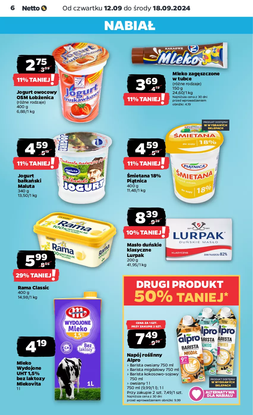 Gazetka promocyjna Netto - Netto Gazetka Food 37/24B - ważna 12.09 do 18.09.2024 - strona 6 - produkty: Alpro, Jogurt, Jogurt owocowy, Kokos, Lurpak, Masło, Mleko, Mleko zagęszczone, Mlekovita, Napój, Napój roślinny, Piątnica, Rama