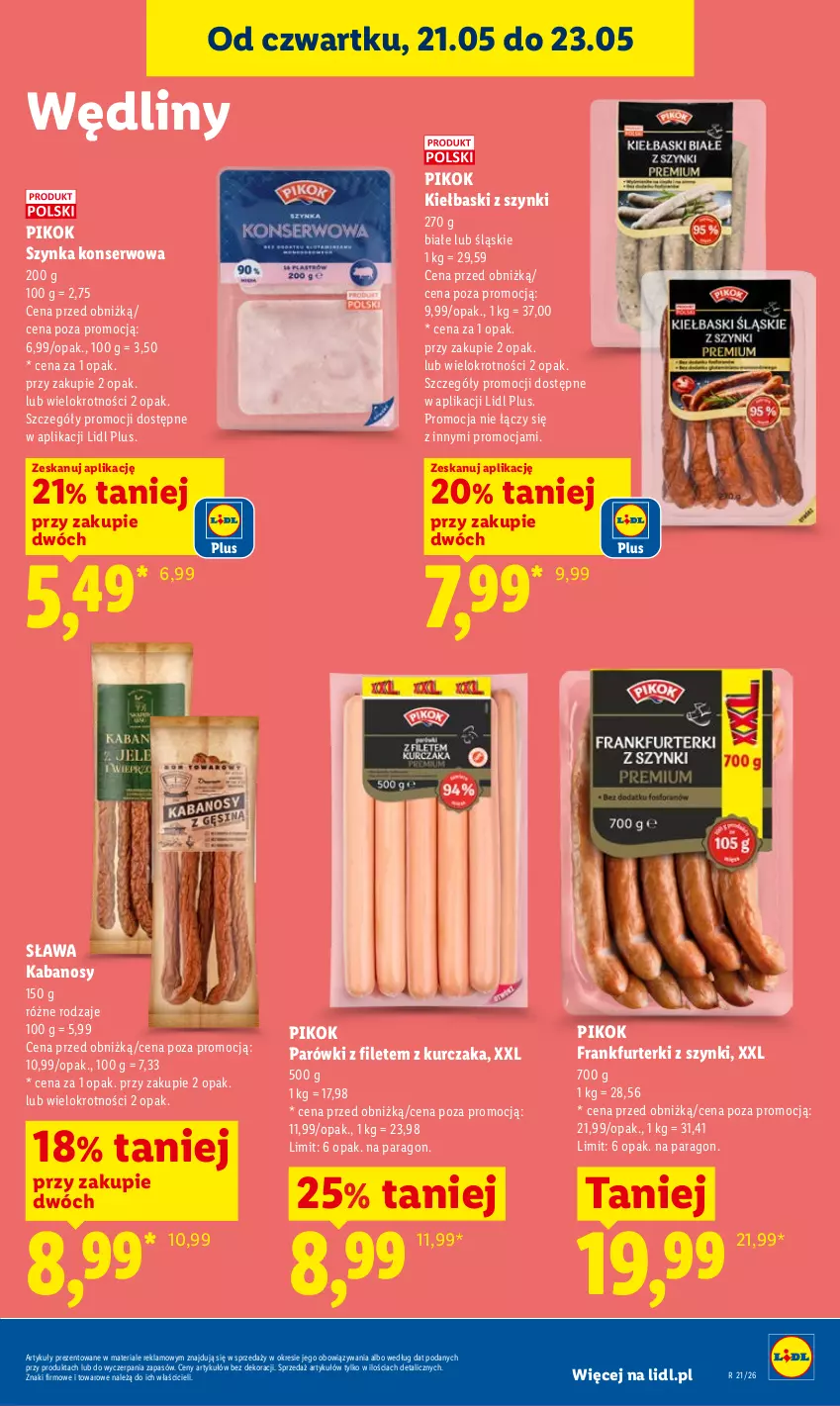 Gazetka promocyjna Lidl - Gazetka ważna od 21.05 do 23.05 - ważna 21.05 do 23.05.2026 - strona 59 - produkty: Frankfurterki, Kabanos, Kurczak, Parówki, PIKOK, Ser, Szynka, Szynka konserwowa