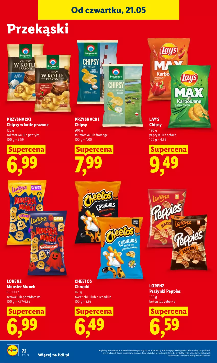 Gazetka promocyjna Lidl - Gazetka ważna od 21.05 do 23.05 - ważna 21.05 do 23.05.2026 - strona 80 - produkty: Beko, Cebula, Cheetos, Chipsy, Chrupki, Lay’s, Lorenz, Monster Munch, Papryka, Przysnacki, Ser, Sól