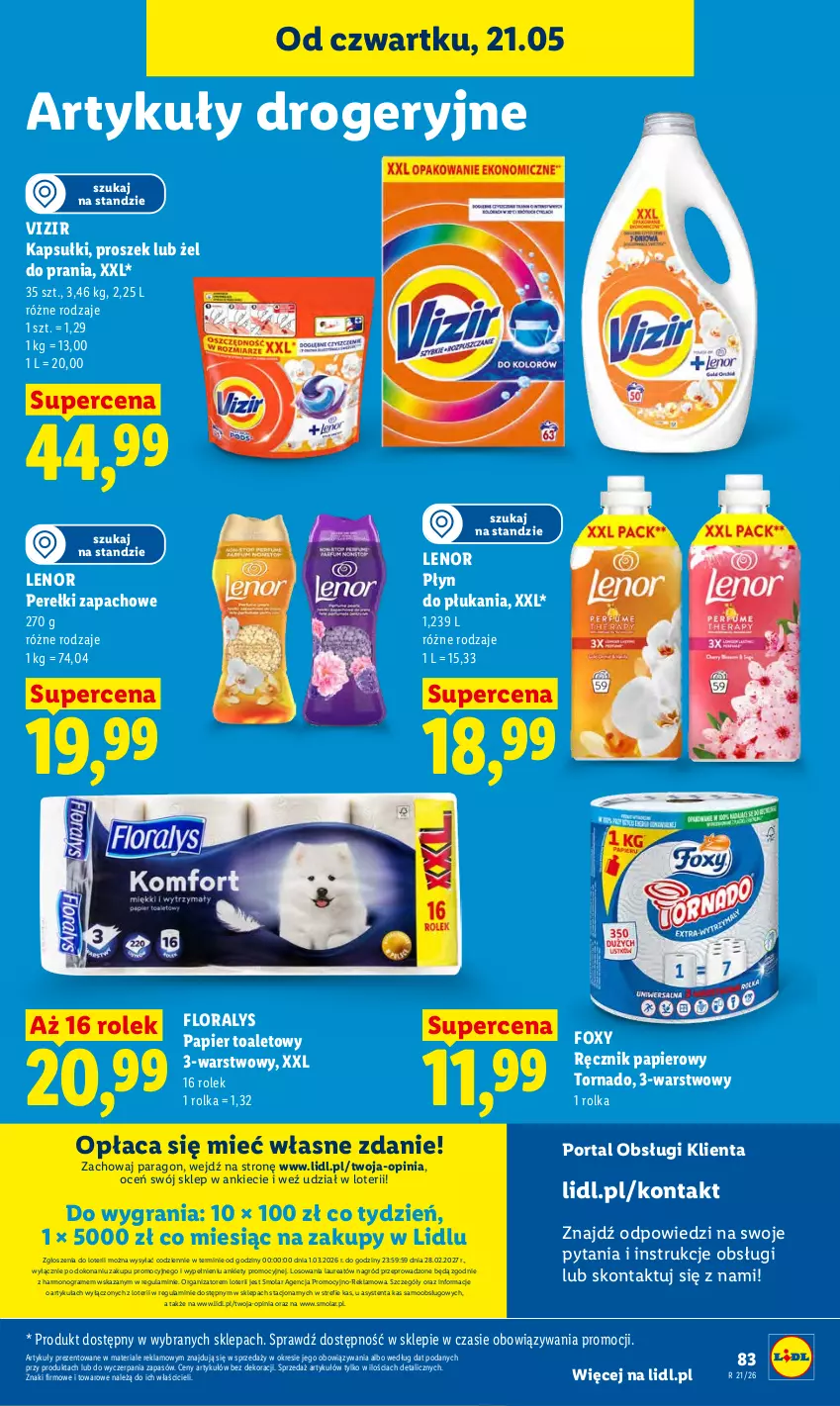 Gazetka promocyjna Lidl - Gazetka ważna od 21.05 do 23.05 - ważna 21.05 do 23.05.2026 - strona 91 - produkty: Flora, Foxy, Gra, Laur, Lenor, Mola, Papier, Papier toaletowy, Perełki zapachowe, Płyn do płukania, Por, Portal, Ręcznik, Vizir