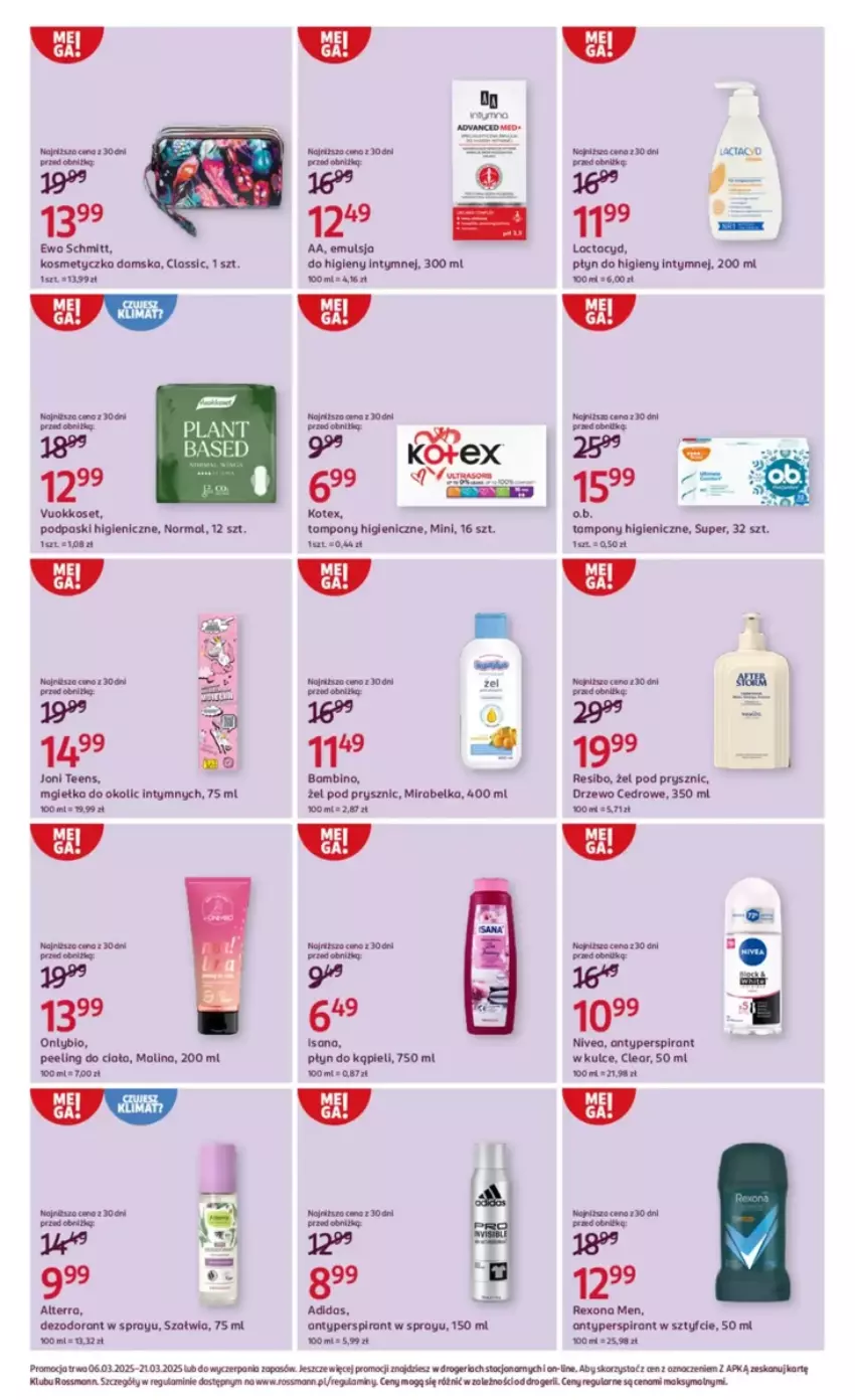 Gazetka promocyjna Rossmann - ważna 06.03 do 21.03.2025 - strona 13 - produkty: Alterra, Antyperspirant, Ewa Schmitt, Isana, Kosmetyczka, Nivea, Peeling, Płyn do higieny intymnej, Podpaski, Tampony