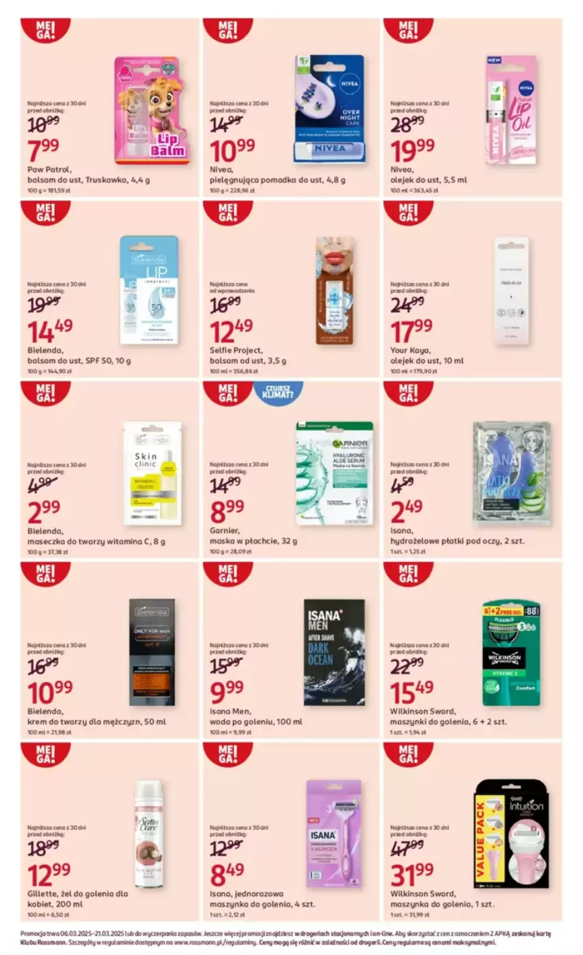 Gazetka promocyjna Rossmann - ważna 06.03 do 21.03.2025 - strona 2 - produkty: Balsam do ust, BIC, Bielenda, Clin, Garnier, Gillette, Hydrożelowe płatki pod oczy, Isana, Krem do twarzy, Maska, Maszynka, Maszynka do golenia, Nivea, Szynka, Tera, Wilkinson Sword, Woda, Woda po goleniu