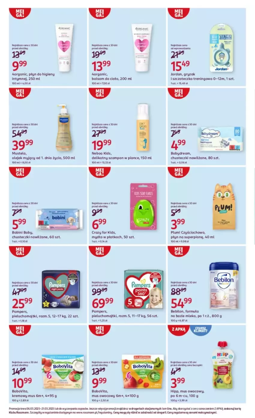 Gazetka promocyjna Rossmann - ważna 06.03 do 21.03.2025 - strona 4 - produkty: BEBILON, BoboVita, Chusteczki, Fa, Gry, Majtki, Mus, Mustela, Mydło, Pampers, Pieluchomajtki, Płyn do higieny intymnej, Szampon, Szczoteczka