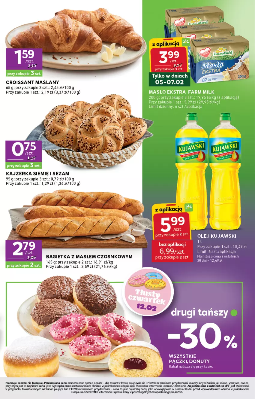 Gazetka promocyjna Stokrotka - Stokrotka Express - ważna 05.02 do 11.02.2026 - strona 3 - produkty: Bagietka, Croissant, Donut, Fa, Farm Milk, Kajzerka, Kujawski, Masło, Mięso, Nuty, Olej, Owoce, Sezam, Warzywa