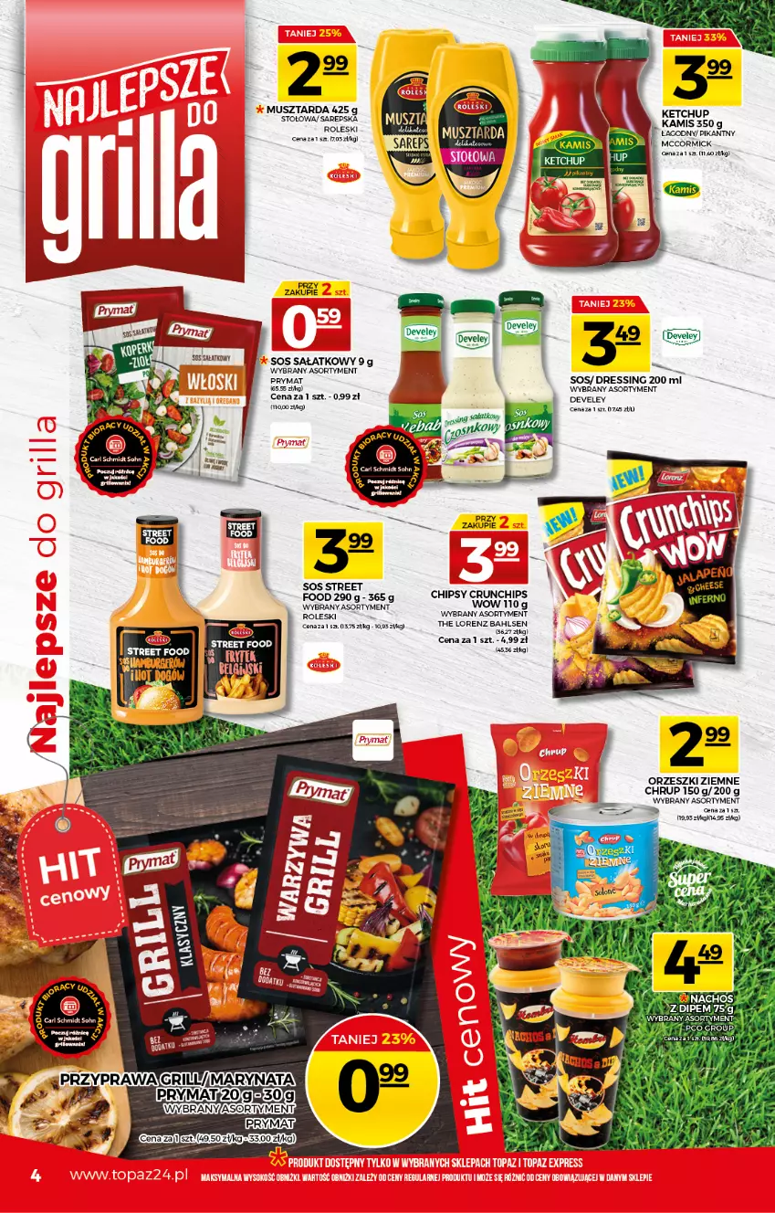 Gazetka promocyjna Topaz - Gazetka - ważna 06.05 do 12.05.2021 - strona 4 - produkty: Chipsy, Crunchips, Dres, Kamis, Lorenz, Mop, Mus, Musztarda, Orzeszki, Orzeszki ziemne, Prymat, Sałat, Sos