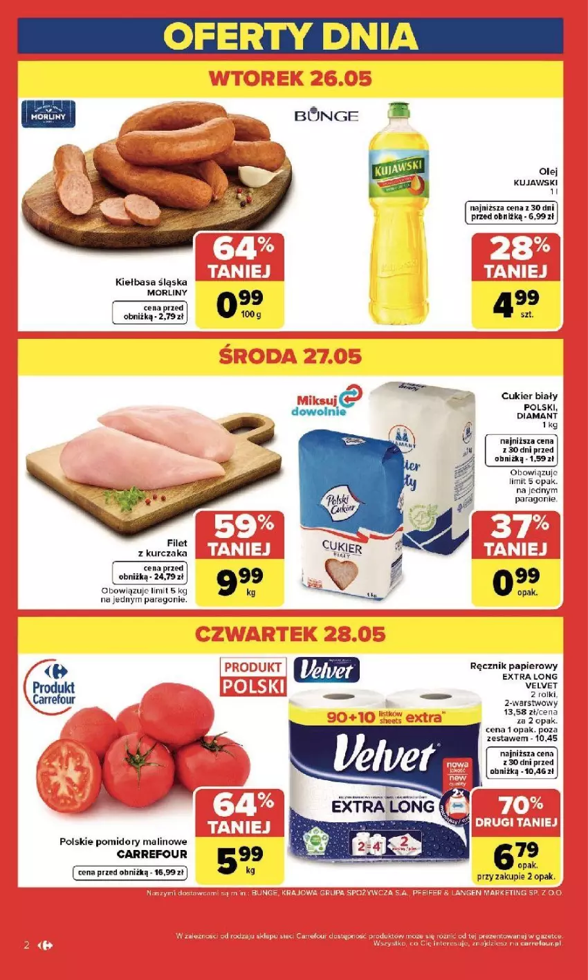 Gazetka promocyjna Carrefour - Gazetka Zmieniliśmy się dla Ciebie - ważna 25.05 do 30.05.2026 - strona 2 - produkty: Cukier, Fa, Hama, Kiełbasa, Kiełbasa śląska, Kujawski, Kurczak, Morliny, Olej, Papier, Pomidory, Ręcznik