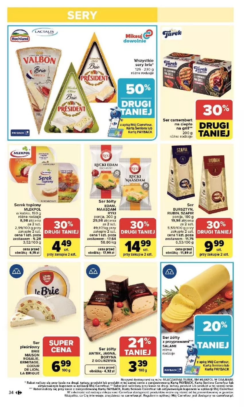 Gazetka promocyjna Carrefour - Gazetka Zmieniliśmy się dla Ciebie - ważna 25.05 do 30.05.2026 - strona 34 - produkty: Brie, Bursztyn, Camembert, Edam, Fa, Gra, Grill, Kasia, Maasdam, Por, Rubin, Rycki Edam, Salami, Ser, Ser pleśniowy, Serek, Top
