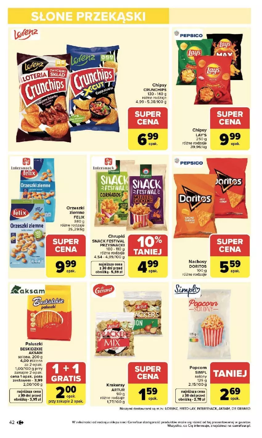Gazetka promocyjna Carrefour - Gazetka Zmieniliśmy się dla Ciebie - ważna 25.05 do 30.05.2026 - strona 42 - produkty: Aksam, Artur, Beskidzki, Chipsy, Crunchips, Felix, Gra, Krakersy, Lorenz, Orzeszki, Orzeszki ziemne, Pepsi, Por, Przysnacki