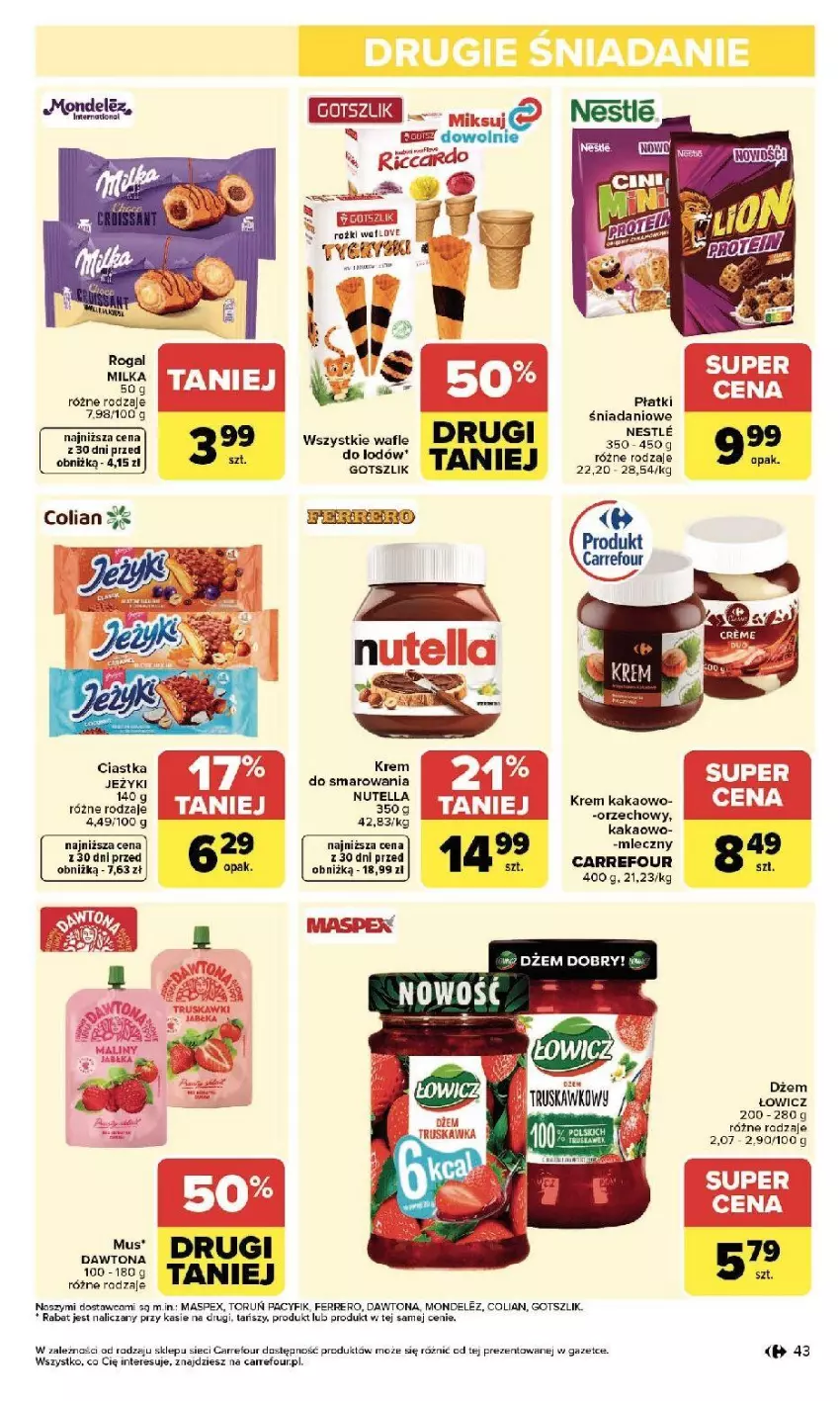 Gazetka promocyjna Carrefour - Gazetka Zmieniliśmy się dla Ciebie - ważna 25.05 do 30.05.2026 - strona 43 - produkty: Dawtona, Dżem, Ferrero, Jeżyki, Mus, Nutella, Por, Ser, Sos