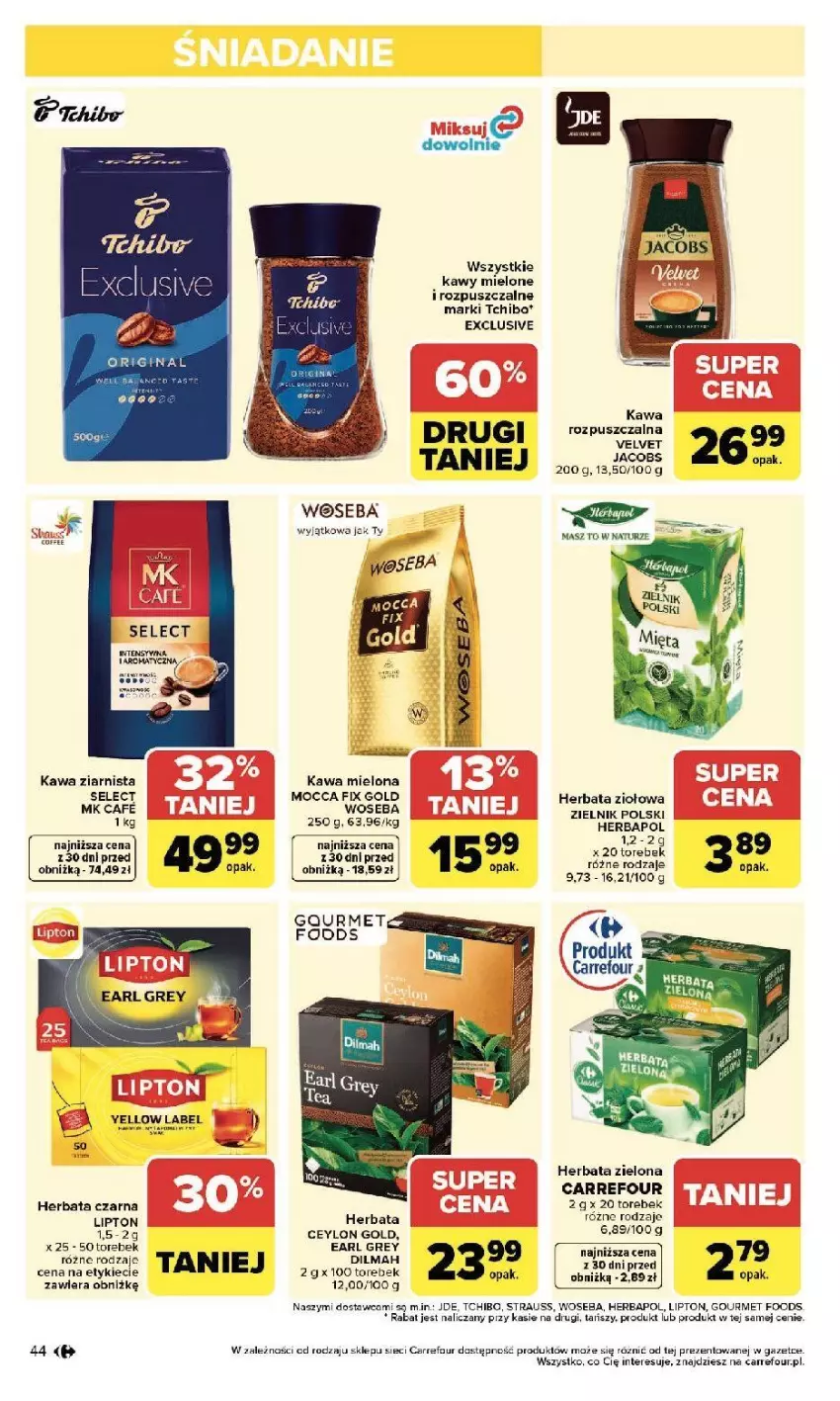Gazetka promocyjna Carrefour - Gazetka Zmieniliśmy się dla Ciebie - ważna 25.05 do 30.05.2026 - strona 44 - produkty: Brie, Earl Grey, Fa, Gin, Herbata, Herbata czarna, Kawa, Kawa mielona, Kawa ziarnista, Lipton, Woseba