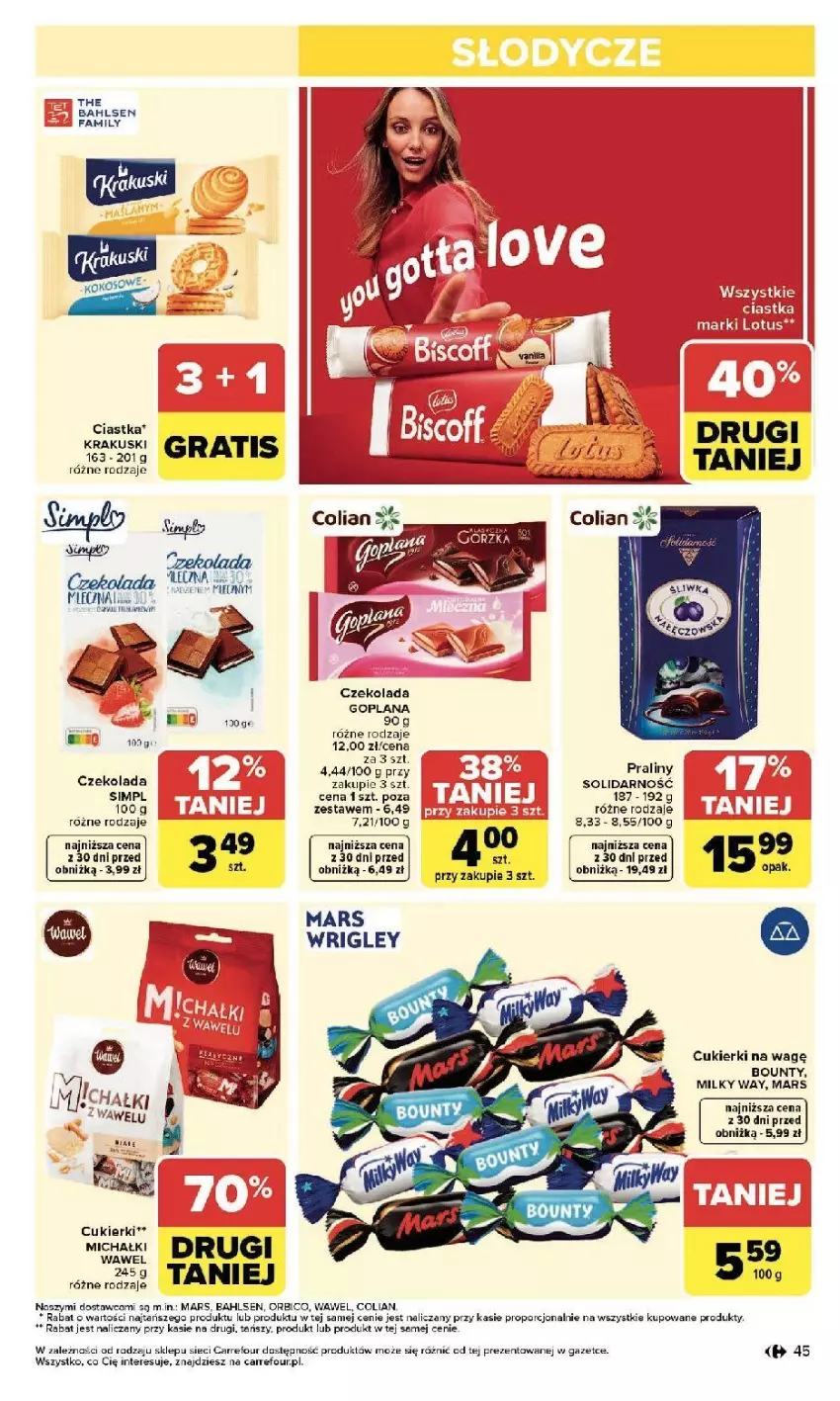 Gazetka promocyjna Carrefour - Gazetka Zmieniliśmy się dla Ciebie - ważna 25.05 do 30.05.2026 - strona 45 - produkty: Bounty, Ciastka, Cukier, Cukierki, Czekolada, Fa, Goplana, Krakus, Krakuski, LANA, Mars, Michałki, Milky Way, Por, Praliny, Ser, Wawel