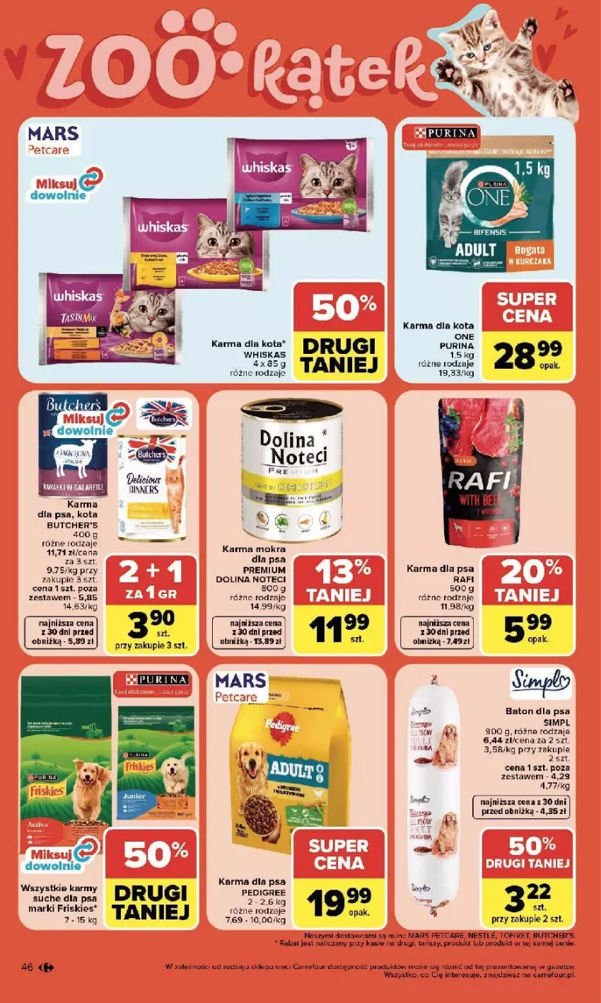 Gazetka promocyjna Carrefour - Gazetka Zmieniliśmy się dla Ciebie - ważna 25.05 do 30.05.2026 - strona 46 - produkty: Baton, Baton dla psa, Butcher's, Friskies, Pur, Purina