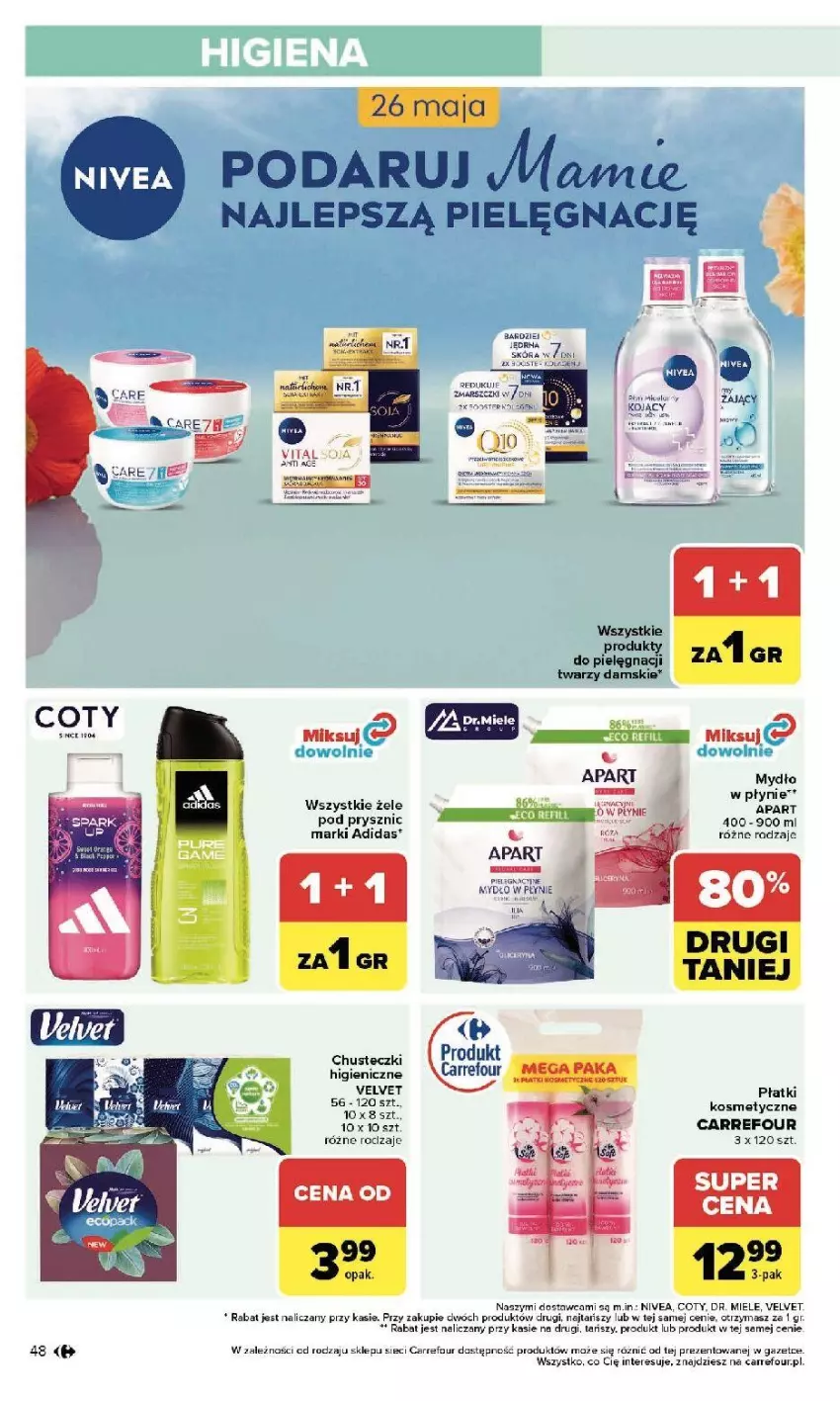 Gazetka promocyjna Carrefour - Gazetka Zmieniliśmy się dla Ciebie - ważna 25.05 do 30.05.2026 - strona 48 - produkty: Adidas, Chusteczki, Fa, Kolagen, Mars, Płatki kosmetyczne, Velvet
