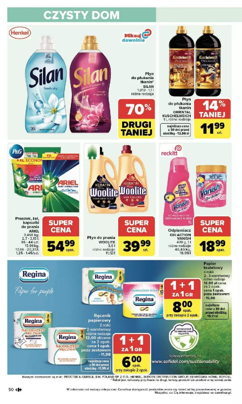 Gazetka promocyjna Carrefour - Gazetka Zmieniliśmy się dla Ciebie - ważna 25.05 do 30.05.2026 - strona 50 - produkty: Ariel, Fa, Gin, Odplamiacz, Papier, Płyn do płukania, Płyn do prania, Ręcznik, Silan, Vanish, Woolite
