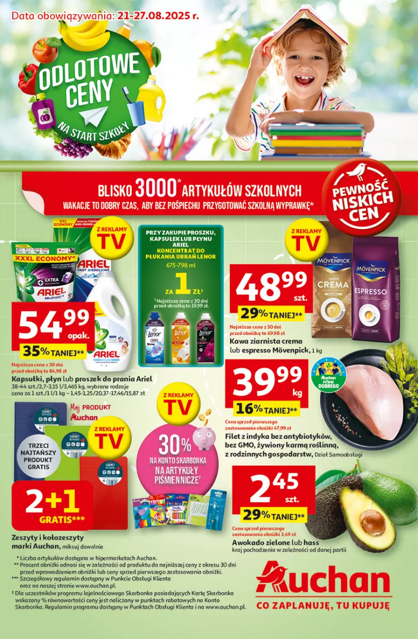 Gazetka promocyjna Auchan - Odlotowe ceny na start szkoły Hipermarket - ważna 21.08 do 27.08.2025 - strona 1 - produkty: Ariel, Fa, Gra, Kawa, Kawa ziarnista, Proszek do prania