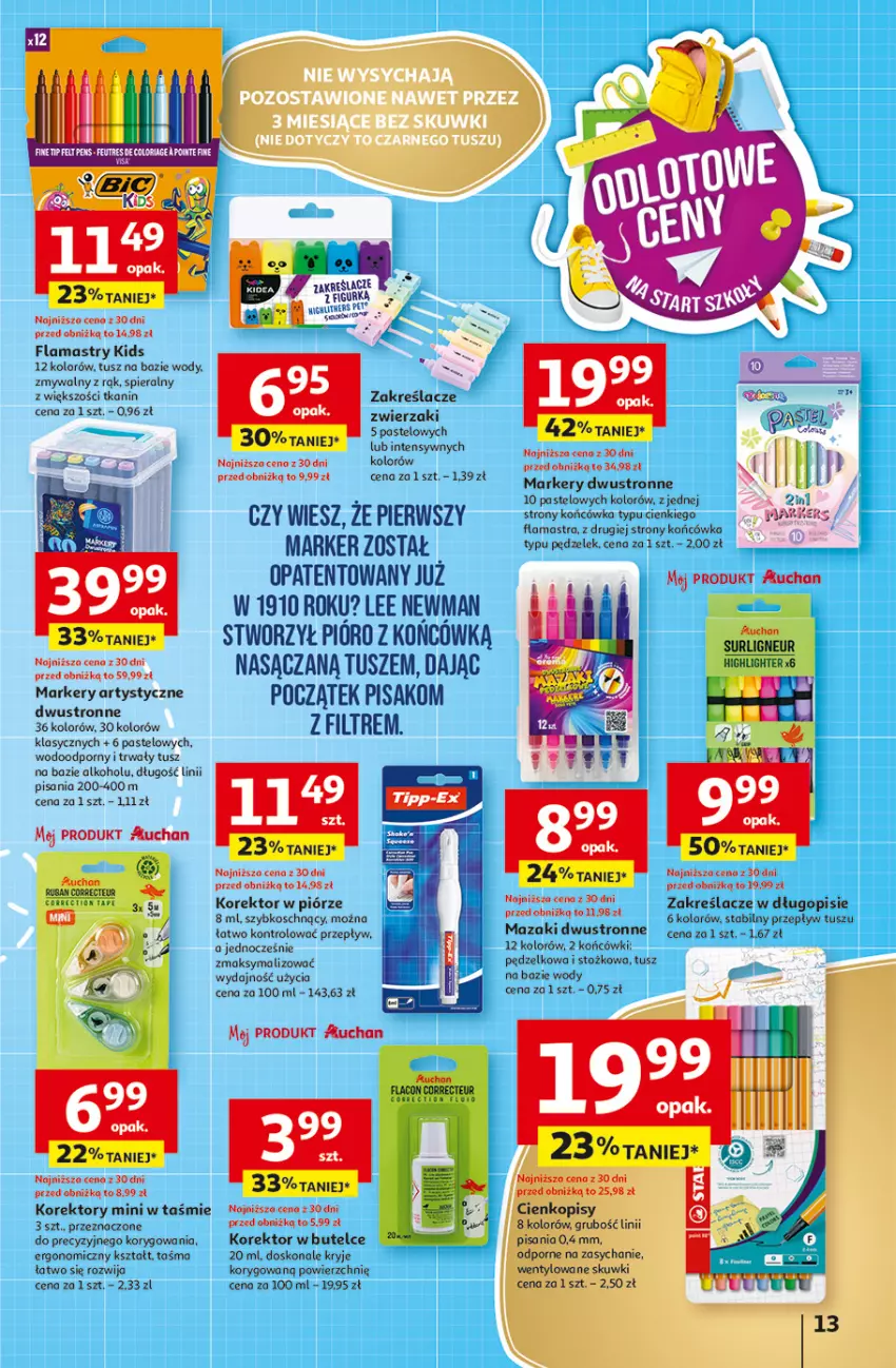 Gazetka promocyjna Auchan - Odlotowe ceny na start szkoły Hipermarket - ważna 21.08 do 27.08.2025 - strona 13 - produkty: Długopis, Flamastry, Marker, Por, Tusz