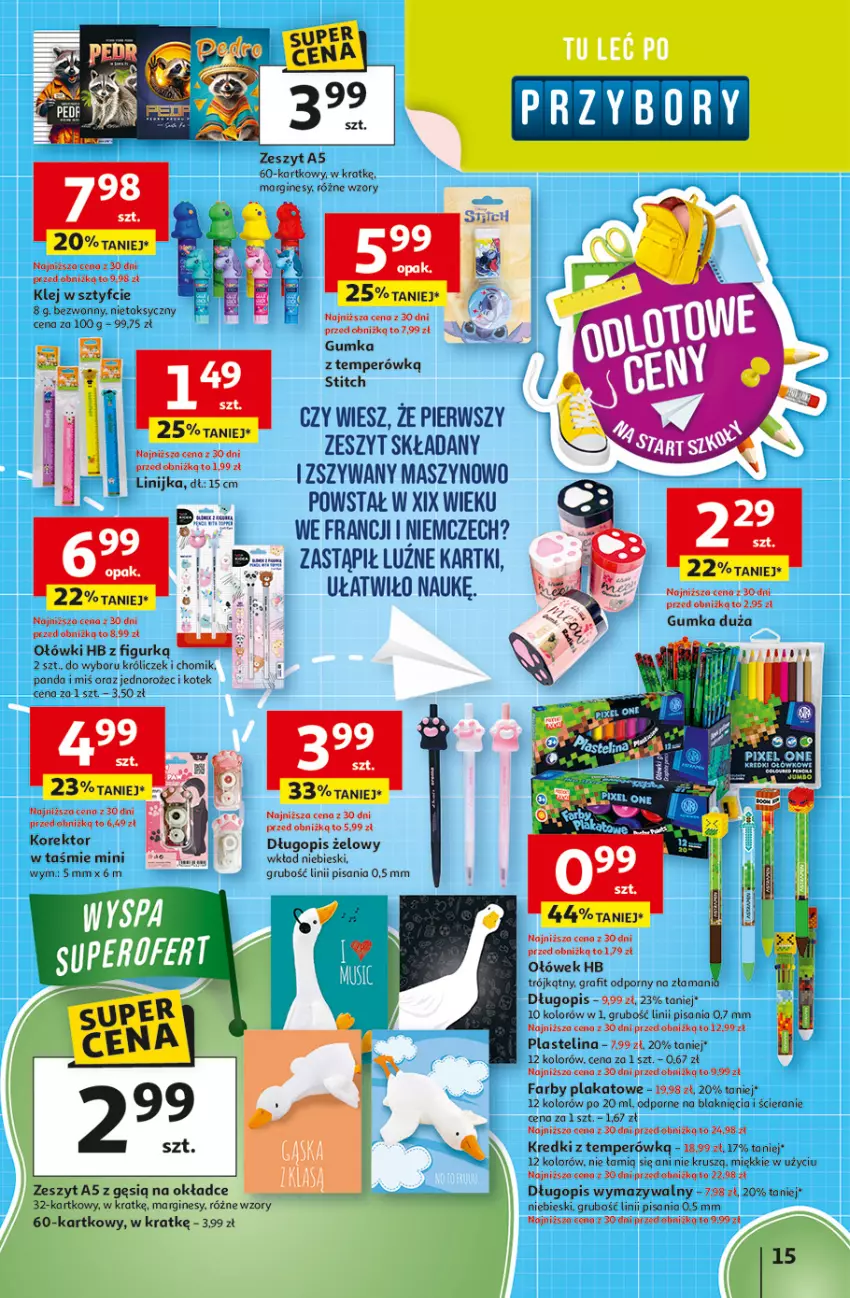 Gazetka promocyjna Auchan - Odlotowe ceny na start szkoły Hipermarket - ważna 21.08 do 27.08.2025 - strona 15 - produkty: Długopis, Fa, Gin, Gra, Jednorożec, Klej, Kotek, Panda, Plastelina, Por