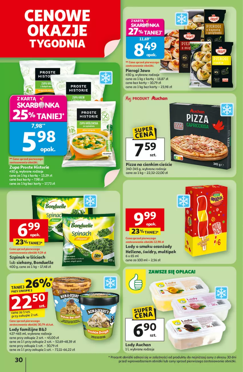Gazetka promocyjna Auchan - Odlotowe ceny na start szkoły Hipermarket - ważna 21.08 do 27.08.2025 - strona 30 - produkty: Bonduelle, Fa, Hellena, Lody, Pierogi, Pizza, Szpinak, Zupa