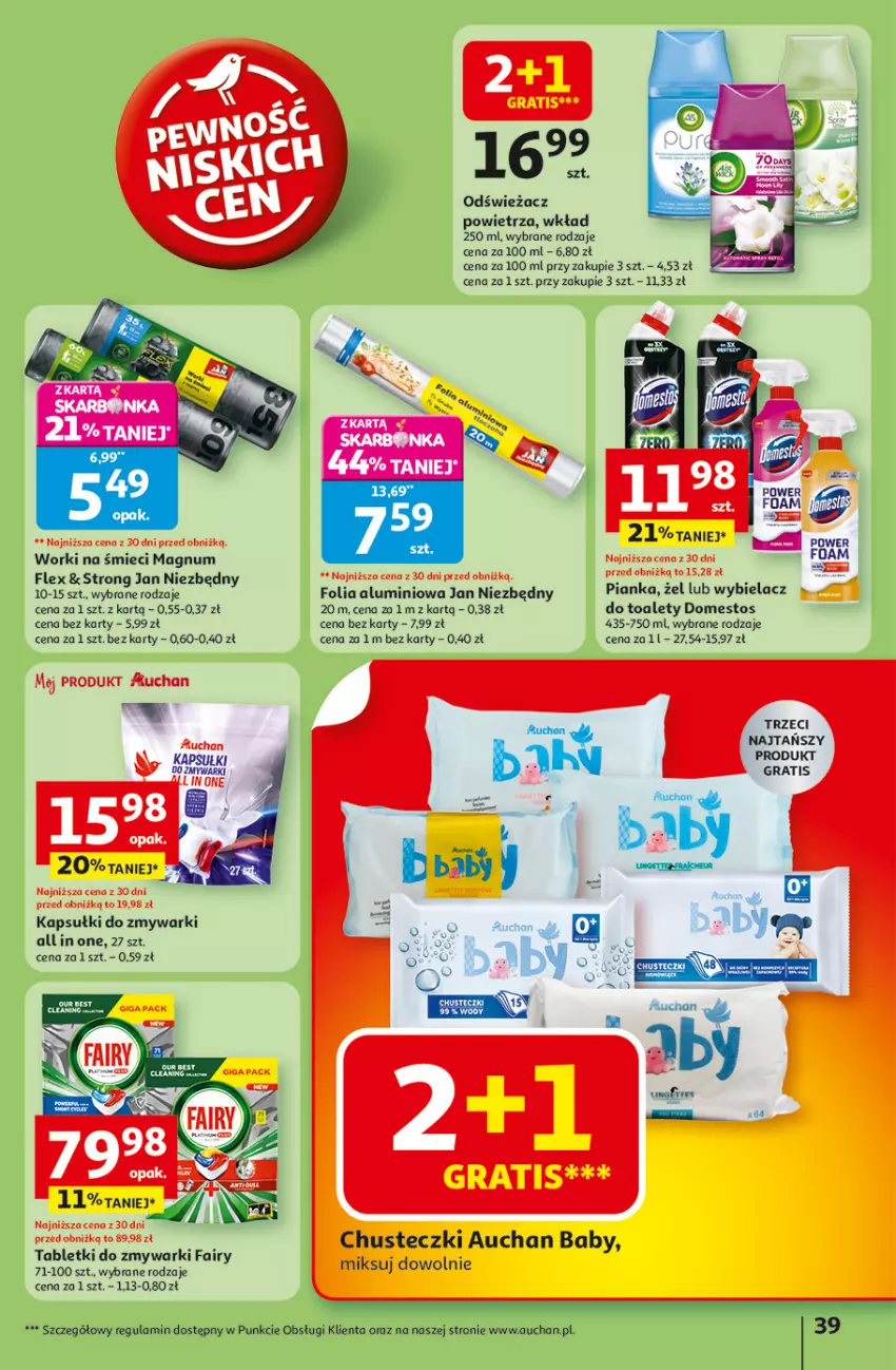 Gazetka promocyjna Auchan - Odlotowe ceny na start szkoły Hipermarket - ważna 21.08 do 27.08.2025 - strona 39 - produkty: Chusteczki, Domestos, Fa, Fairy, Folia aluminiowa, Gra, Jan Niezbędny, Odświeżacz powietrza, Tablet, Tabletki do zmywarki, Worki na śmiec, Worki na śmieci, Zmywarki